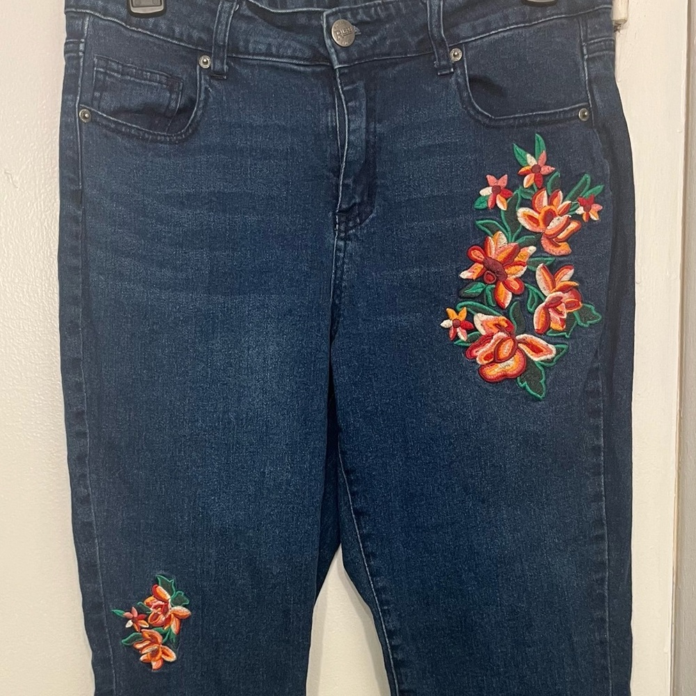 Orange Floral Embroidered Blue Skinny Jeans